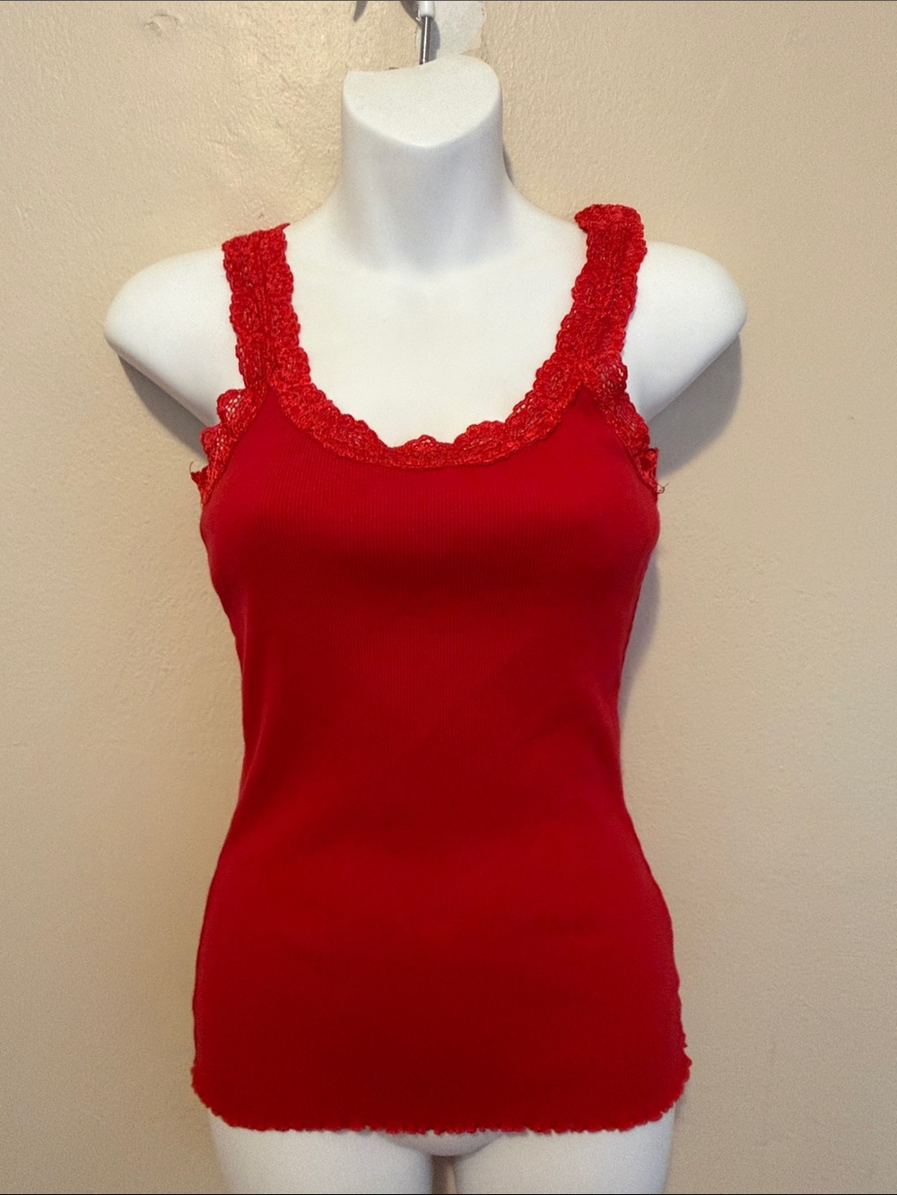 Lena Red Lace-Trim Ribbed Tank Top